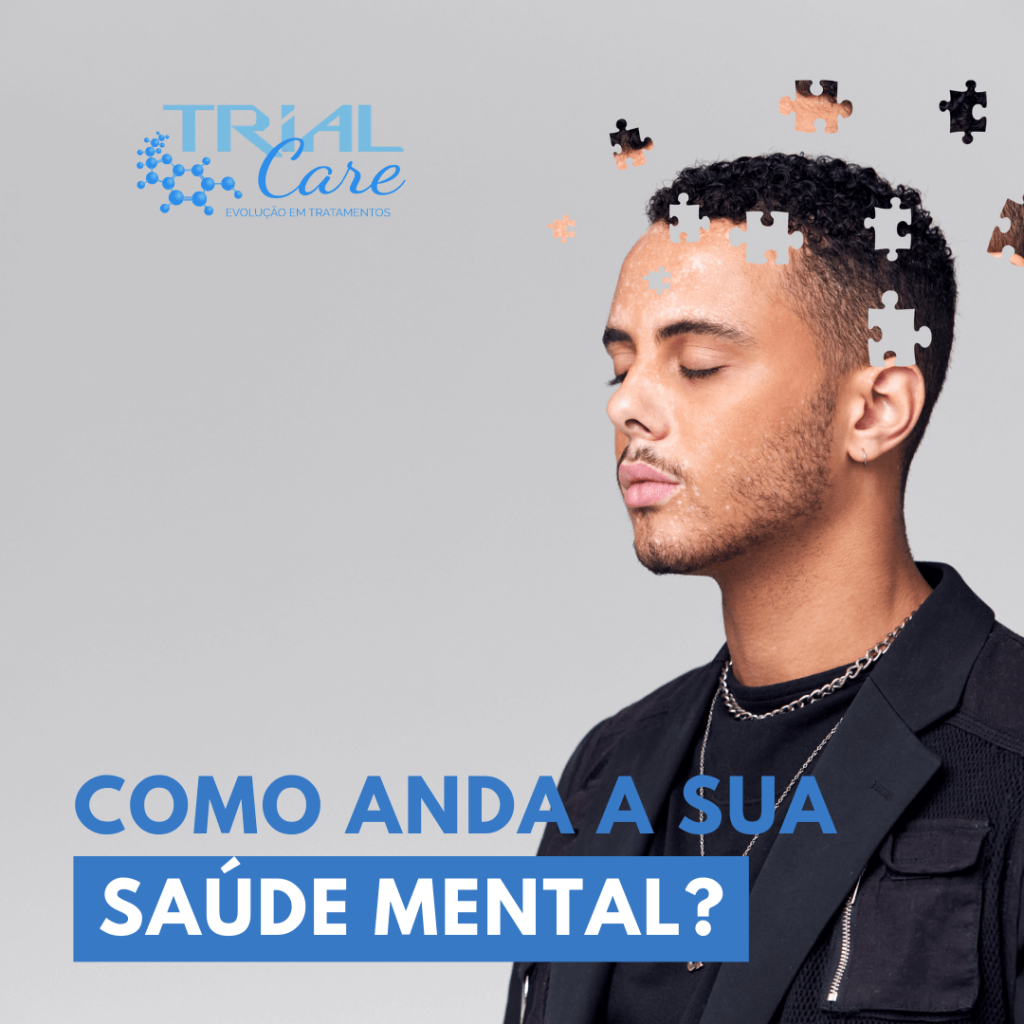 Homem com peças de quebra-cabeça na cabeça representando a saúde mental 